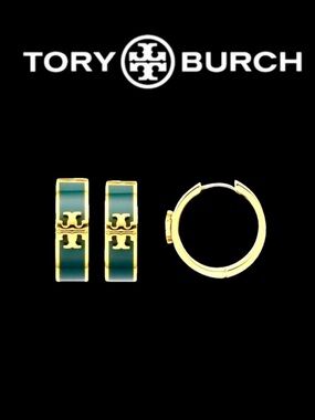NWT TORY BURCH KIRA ENAMEL HOOP EARRINGS in MANOR GREEN